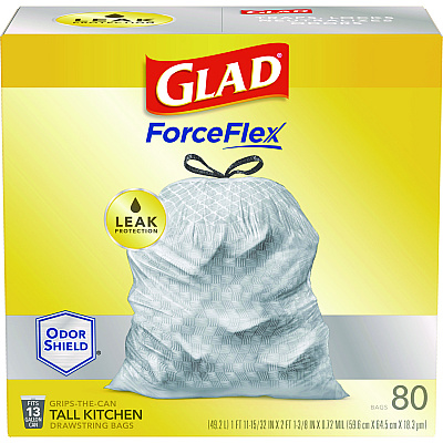 Glad ForceFlex Tall Kitchen Drawstring Trash Bags, 13 gal, 23.75" x 24.88", White, 240/Carton (CLO79009)