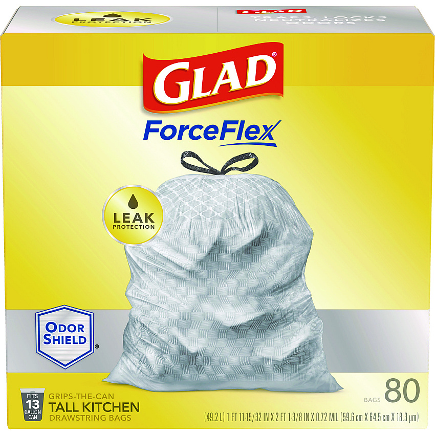 Glad ForceFlex Tall Kitchen Drawstring Trash Bags, 13 gal, 23.75" x 24.88", White, 240/Carton (CLO79009)