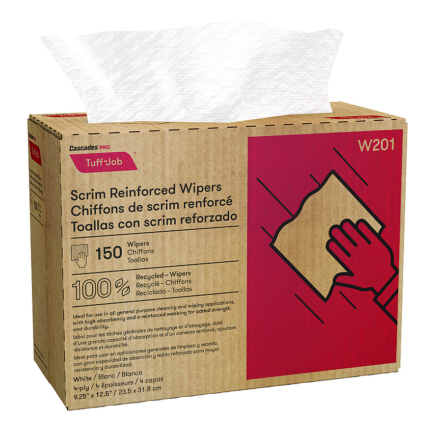 Cascades PRO Tuff-Job Scrim Reinforced Wipers, 4-Ply, 9.25 x 12.5, White, 150/Box, 10 Boxes/Carton (CSDW201)