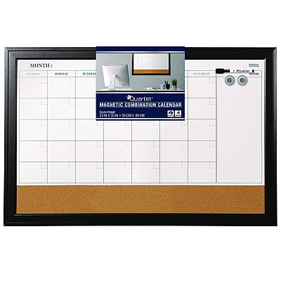 Quartet Magnetic Combination Dry Erase Calendar/Cork Board, 35 x 23, Tan/White Surface, Black Wood Frame (QRT79284)
