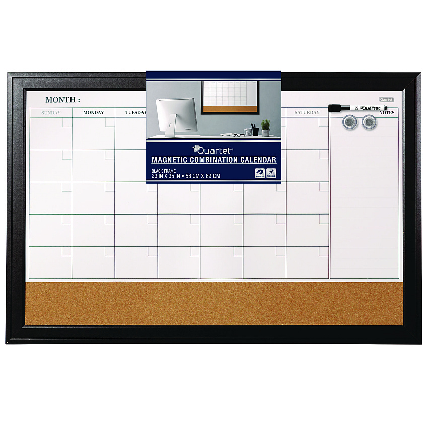 Quartet Magnetic Combination Dry Erase Calendar/Cork Board, 35 x 23, Tan/White Surface, Black Wood Frame (QRT79284)