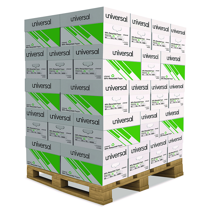 Universal 30% Recycled Copy Paper, 92 Bright, 20 lb Bond Weight, 8.5 x 11, White, 500 Sheets/Ream, 10 Reams/Carton, 40 Cartons/Pallet (UNV20030PLT)