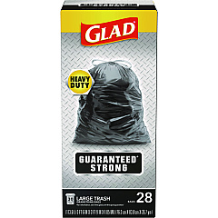 Glad Guaranteed Strong Large Drawstring Trash Bags, Three-Ply, 30 gal, 1.05 mil, 30" x 33", Black, 15 Bags/Box, 6 Boxes/Carton (CLO78966)