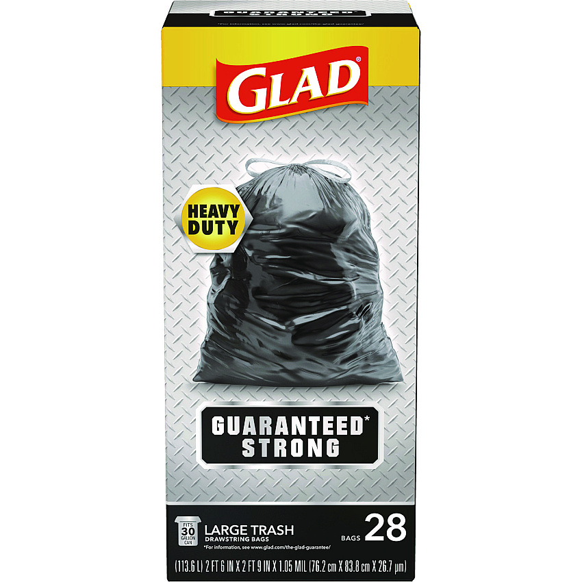 Glad Guaranteed Strong Large Drawstring Trash Bags, Three-Ply, 30 gal, 1.05 mil, 30" x 33", Black, 15 Bags/Box, 6 Boxes/Carton (CLO78966)