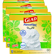 Glad ForceFlex Kitchen Drawstring Trash Bags, 13 gal, Gain Original Scent, 24" x 27.38", White, 80 Bags/Box, 3 Boxes/Carton (CLO78900)
