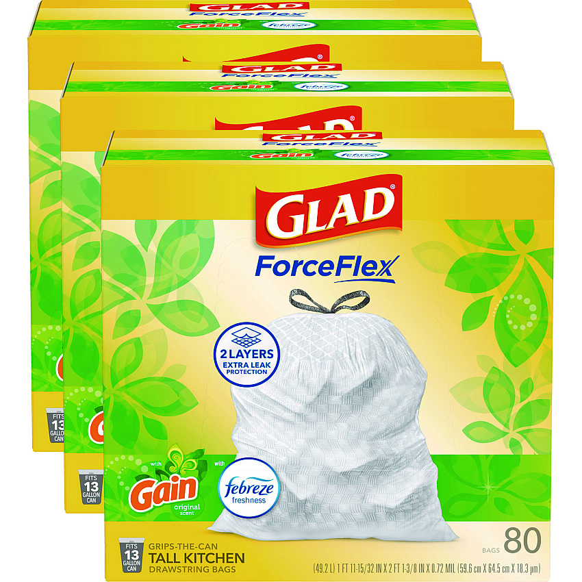 Glad ForceFlex Kitchen Drawstring Trash Bags, 13 gal, Gain Original Scent, 24" x 27.38", White, 80 Bags/Box, 3 Boxes/Carton (CLO78900)