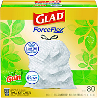 Glad ForceFlex Kitchen Drawstring Trash Bags, 13 gal, Gain Original Scent, 24" x 27.38", White, 80/Box (CLO78900BX)