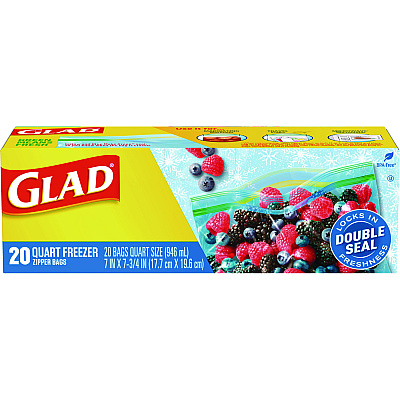Glad Zipper Food Storage Bags, Quart, 7.75" x 8.44", Clear, 20 Bags/Box, 12 Boxes/Carton (CLO57035)