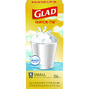 Glad OdorShield Quick-Tie Small Trash Bags, Tie-Flap, 4 gal, Fresh Clean Scent, 8" x 18", White, 26 Bags/Box, 6 Boxes/Carton (CLO78812)