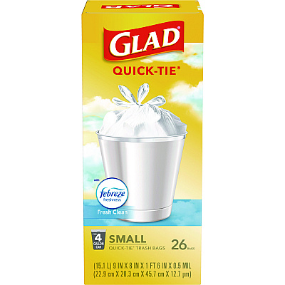 Glad OdorShield Quick-Tie Small Trash Bags, Tie-Flap, 4 gal, Fresh Clean Scent, 8" x 18", White, 26 Bags/Box, 6 Boxes/Carton (CLO78812)