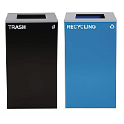 Alpine 29 Gallon Trash/Recycling Cans, Steel, Blue Recycling Can with Square Lid, Black Trash Can with Square Lid (ALH4450BLKKIT1)
