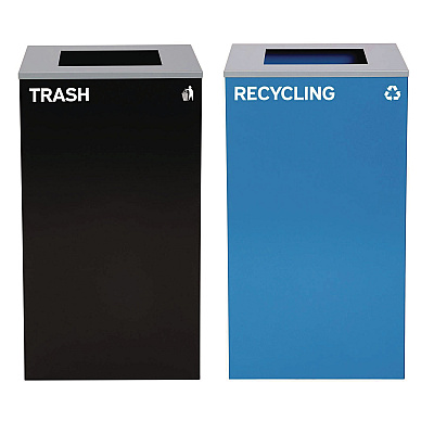 Alpine 29 Gallon Trash/Recycling Cans, Steel, Blue Recycling Can with Square Lid, Black Trash Can with Square Lid (ALH4450BLKKIT1)