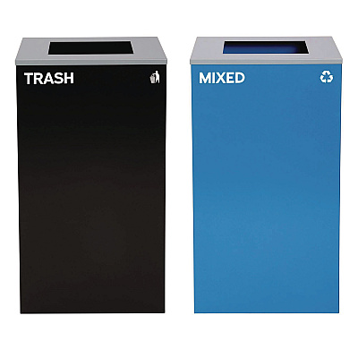 Alpine 29 Gallon Trash/Recycling Cans, Steel, Blue Mixed Recycling Can with Square Lid, Black Trash Can with Square Lid (ALH4450BLKKIT2)