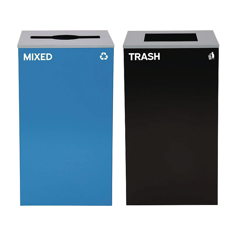 Alpine 29 Gallon Trash/Recycling Cans, Steel, Blue Mixed Recycling with Mixed Lid, Black Trash Can with Square Lid (ALH4450BLKKIT3)