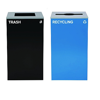 Alpine 29 Gallon Trash/Recycling Cans, Steel, Blue Recycling with Mixed Lid, Black Trash Can with Square Lid (ALH4450BLKKIT4)