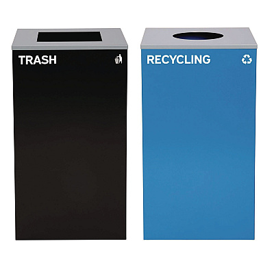 Alpine 29 Gallon Trash/Recycling Cans, Steel, Blue Recycling with Circle Lid, Black Trash Can with Square Lid (ALH4450BLKKIT6)