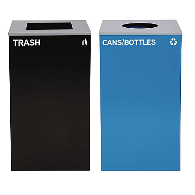 Alpine 29 Gallon Trash/Recycling Cans, Steel, Blue Cans/Bottles Recycling with Circle Lid, Black Trash Can with Square Lid (ALH4450BLKKIT7)