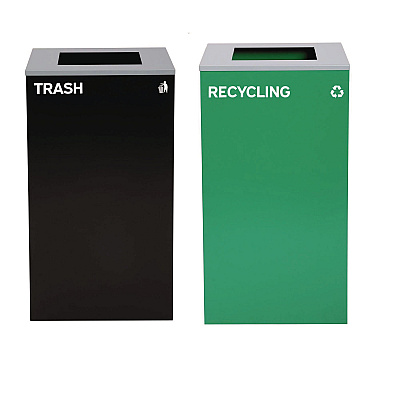 Alpine 29 Gallon Trash/Recycling Cans, Steel, Green Recycling Can with Square Lid, Black Trash Can with Square Lid (ALH4450BLKKIT8)