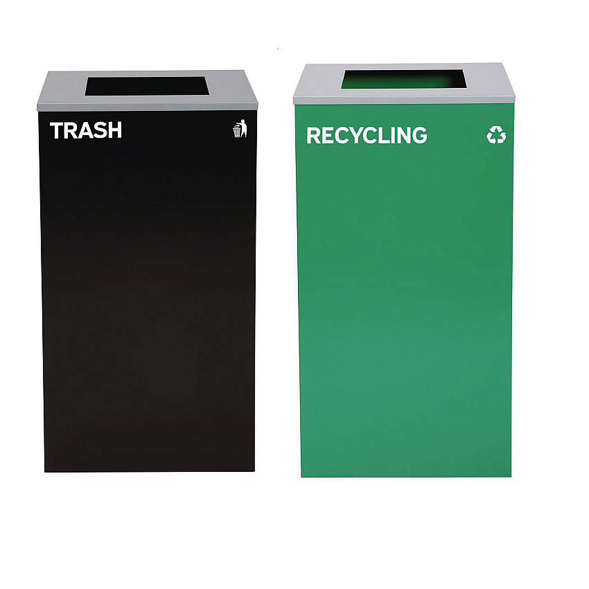 Alpine 29 Gallon Trash/Recycling Cans, Steel, Green Recycling Can with Square Lid, Black Trash Can with Square Lid (ALH4450BLKKIT8)