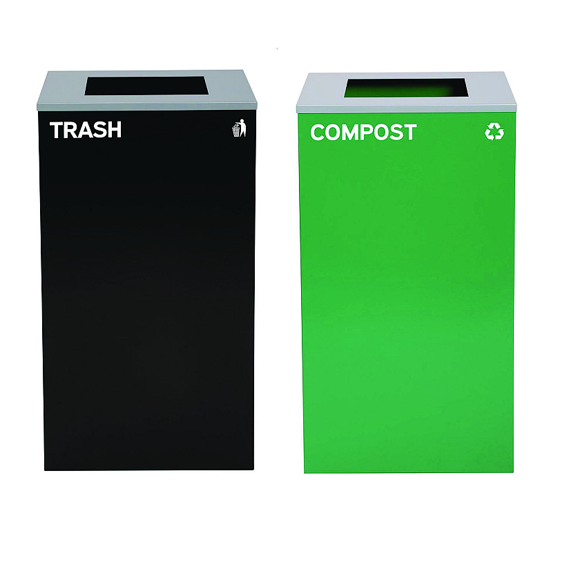 Alpine 29 Gallon Trash/Recycling Cans, Steel, Green Compost Can with Square Lid, Black Trash Can with Square Lid (ALH4450BLKKIT9)