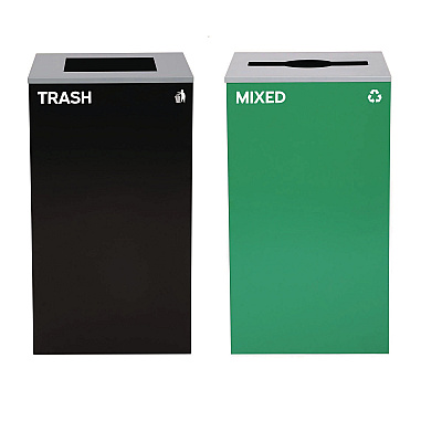 Alpine 29 Gallon Trash/Recycling Cans, Steel, Green Mixed Recycling Can with Mixed Lid, Black Trash Can with Square Lid (ALH4450BLKKIT11)
