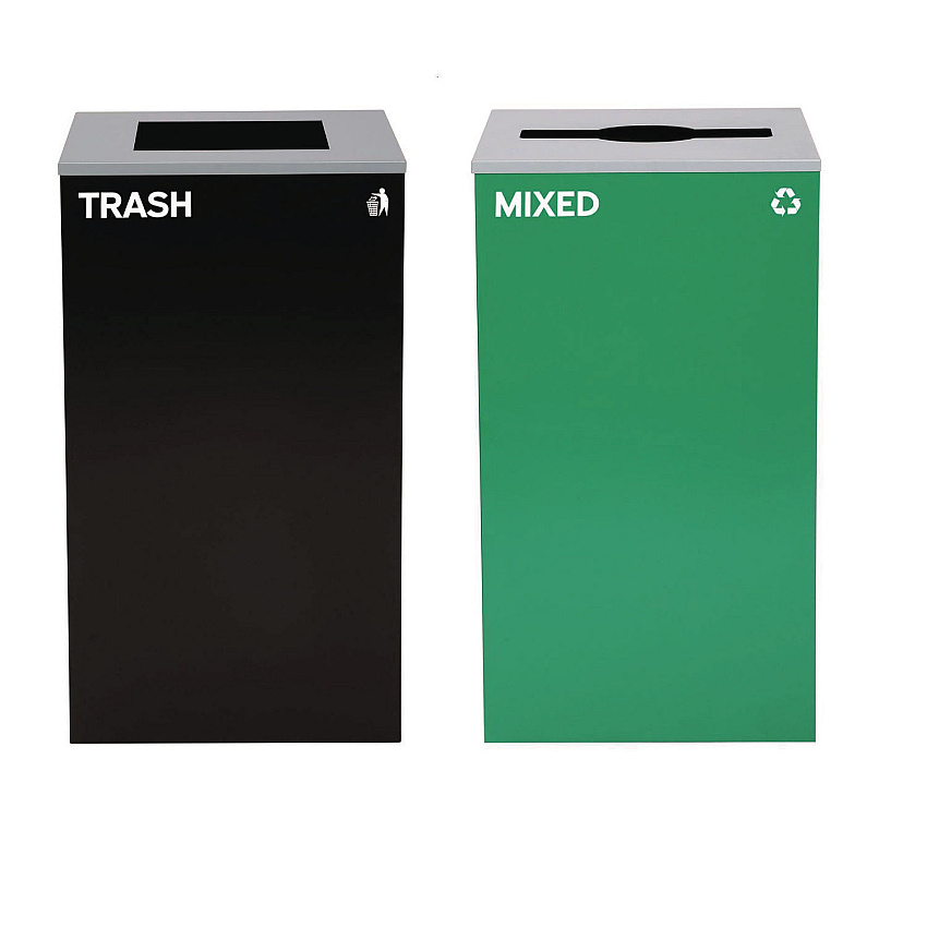 Alpine 29 Gallon Trash/Recycling Cans, Steel, Green Mixed Recycling Can with Mixed Lid, Black Trash Can with Square Lid (ALH4450BLKKIT11)