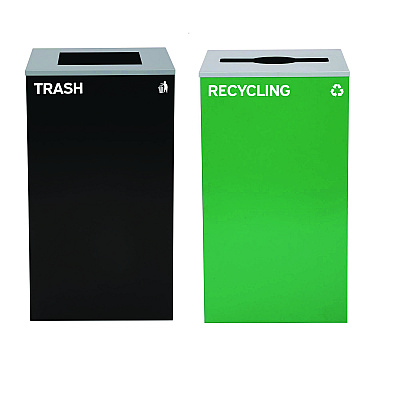 Alpine 29 Gallon Trash/Recycling Cans, Steel, Green Recycling Can with Mixed Lid, Black Trash Can with Square Lid (ALH4450BLKKIT12)