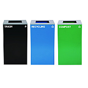 Alpine 29 Gallon Trash/Recycling Cans, Steel, Blue Recycling Can, Green Compost Can, Black Trash Can with Square Lids (ALH4450BLKKIT14)