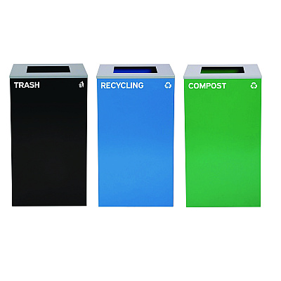 Alpine 29 Gallon Trash/Recycling Cans, Steel, Blue Recycling Can, Green Compost Can, Black Trash Can with Square Lids (ALH4450BLKKIT14)