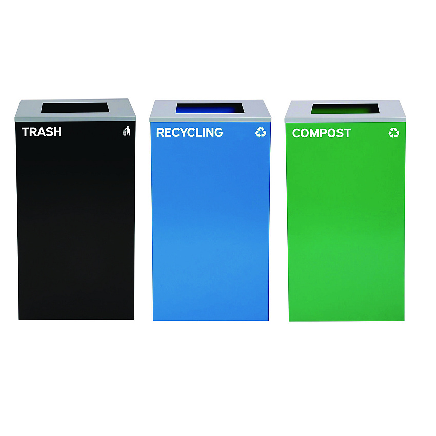 Alpine 29 Gallon Trash/Recycling Cans, Steel, Blue Recycling Can, Green Compost Can, Black Trash Can with Square Lids (ALH4450BLKKIT14)
