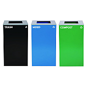 Alpine 29 Gallon Trash/Recycling Cans, Steel, Blue Mixed Recycling Can, Green Compost Can, Black Trash Can with Square Lids (ALH4450BLKKIT15)