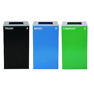 Alpine 29 Gallon Trash/Recycling Cans, Steel, Blue Mixed Recycling Can, Green Compost Can, Black Trash Can with Square Lids (ALH4450BLKKIT15)