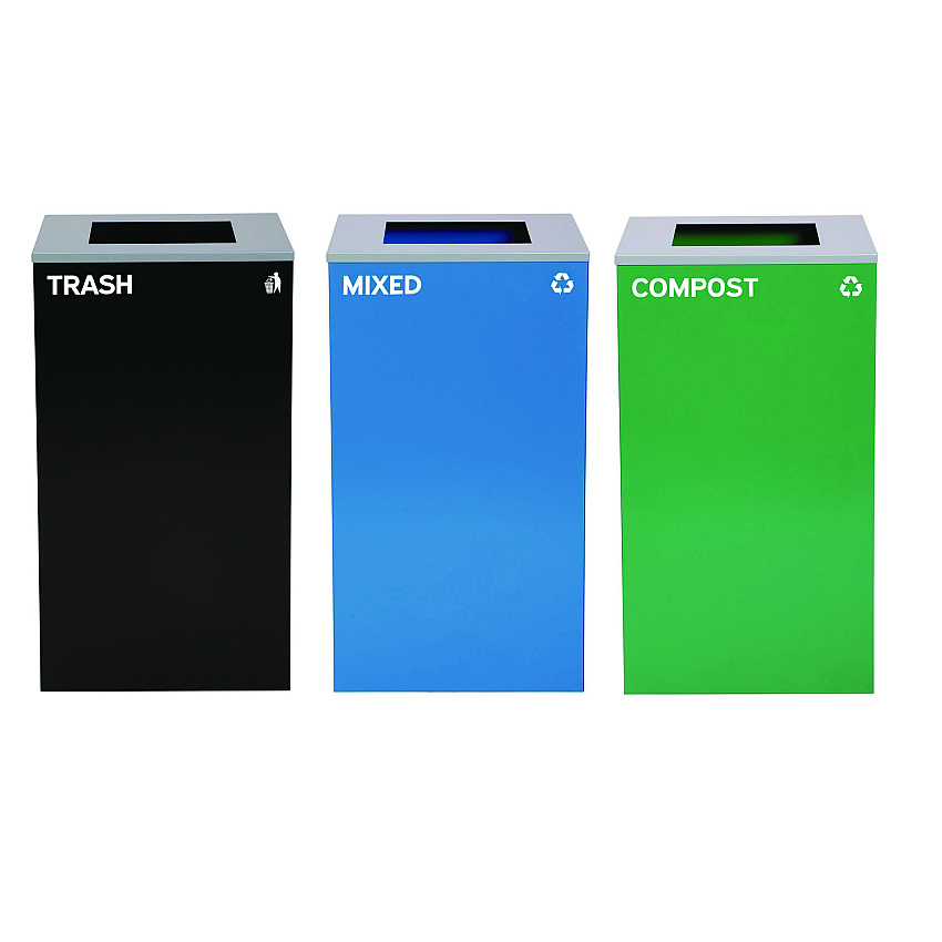Alpine 29 Gallon Trash/Recycling Cans, Steel, Blue Mixed Recycling Can, Green Compost Can, Black Trash Can with Square Lids (ALH4450BLKKIT15)