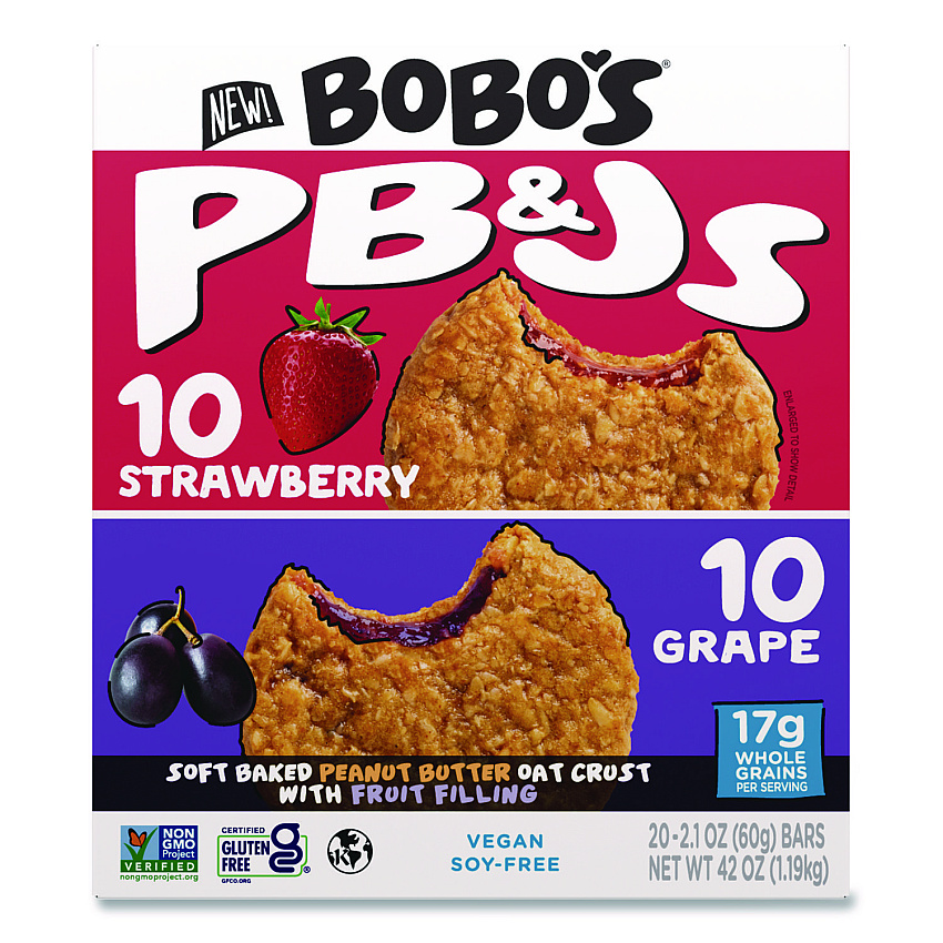 Bobo's PB and J Variety Pack, Peanut Butter/Grape and Peanut Butter/Strawberry, 2.1 oz Bar, 12/Box (BBOBBO00478)