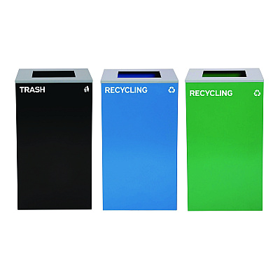 Alpine 29 Gallon Trash/Recycling Cans, Steel, Blue Recycling Can, Green Recycling Can, Black Trash Can with Square Lids (ALH4450BLKKIT17)