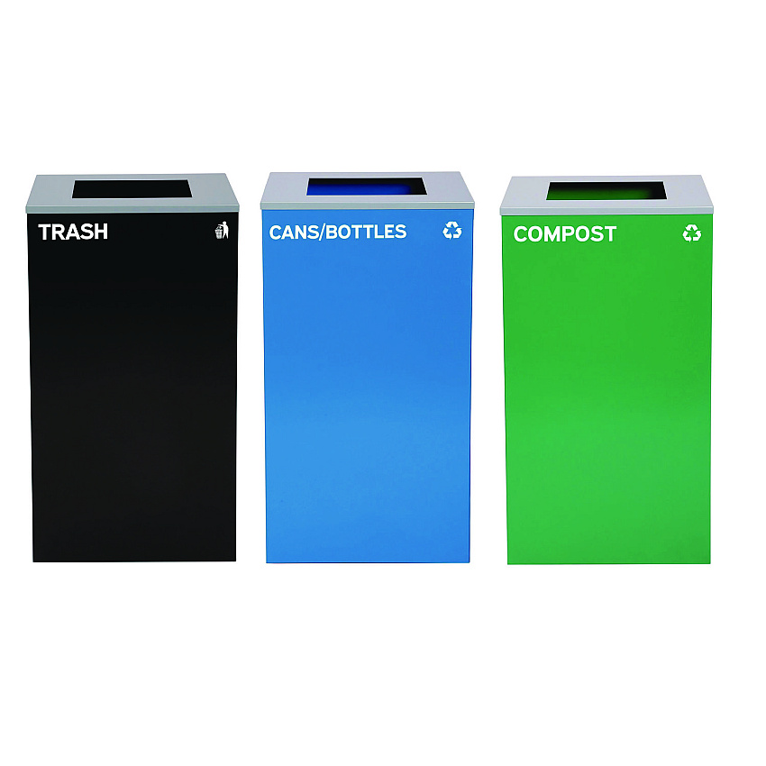 Alpine 29 Gallon Trash/Recycling Cans, Steel, Blue Cans/Bottles Recycling Can, Green Compost Can, Black Trash Can with Square Lids (ALH4450BLKKIT16)