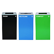 Alpine 29 Gallon Trash/Recycling Cans, Steel, Blue Recycling Can/Mixed Lid, Green Compost Can and Black Trash Can with Square Lids (ALH4450BLKKIT18)