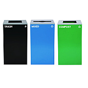 Alpine 29 Gallon Trash/Recycling Cans, Steel, Blue Mixed Recycling Can w/Mixed Lid, Green Compost and Black Trash Cans w/Square Lids (ALH4450BLKKIT19)