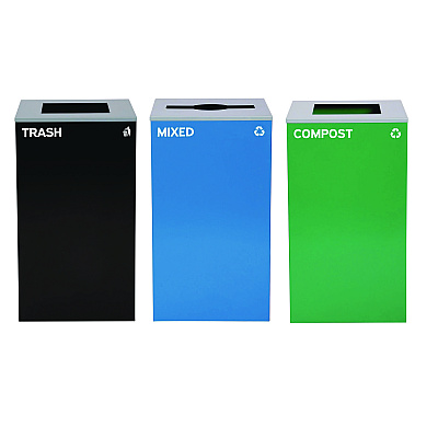 Alpine 29 Gallon Trash/Recycling Cans, Steel, Blue Mixed Recycling Can w/Mixed Lid, Green Compost and Black Trash Cans w/Square Lids (ALH4450BLKKIT19)