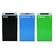 Alpine 29 Gallon Trash/Recycling Cans, Steel, Blue Cans/Bottles Recycling Can w/Mixed Lid, Green Compost and Black Trash w/Sq Lid (ALH4450BLKKIT20)