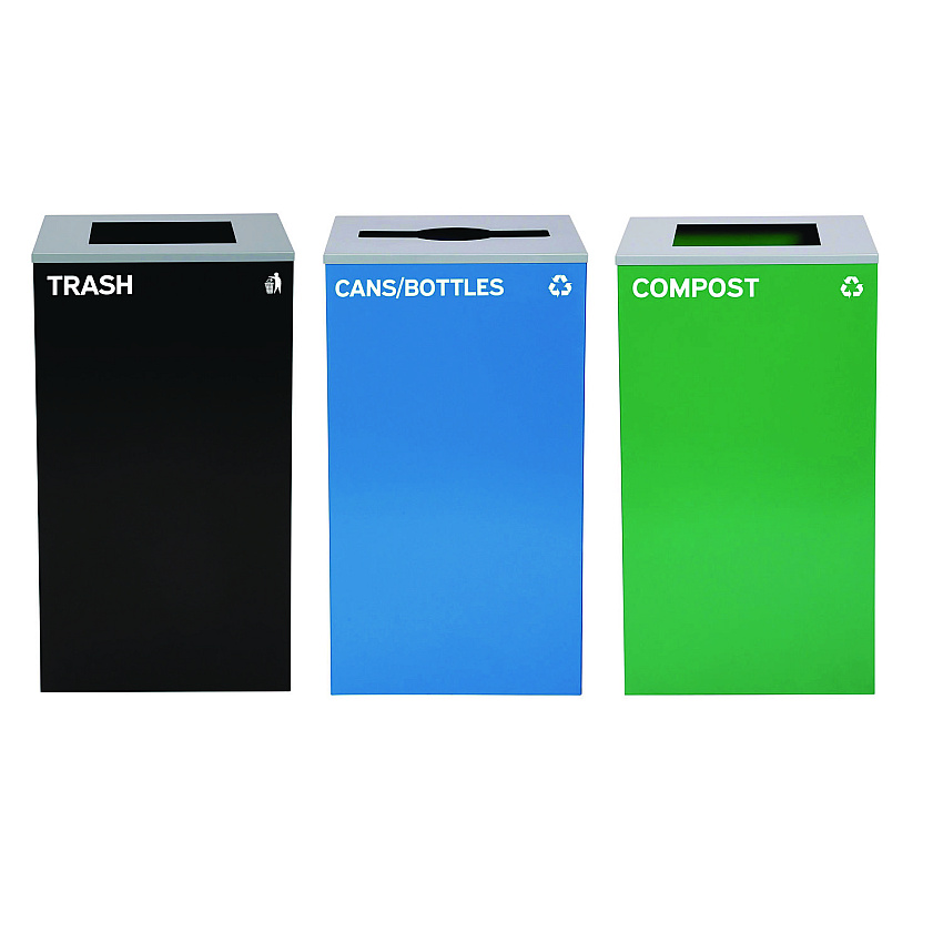 Alpine 29 Gallon Trash/Recycling Cans, Steel, Blue Cans/Bottles Recycling Can w/Mixed Lid, Green Compost and Black Trash w/Sq Lid (ALH4450BLKKIT20)