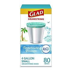 Glad Small Kitchen Drawstring Trash Bags, 4 gal, Beachside Breeze Scent, 0.5 mil, 18" x 17", Blue, 80/Box (CLO79155)