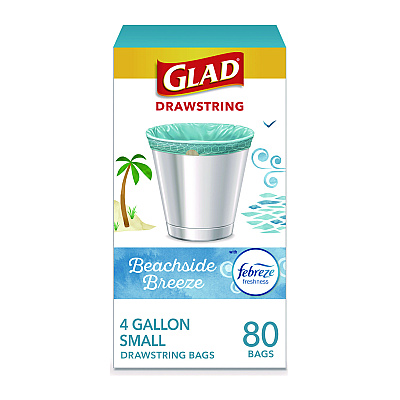 Glad Small Kitchen Drawstring Trash Bags, 4 gal, Beachside Breeze Scent, 0.5 mil, 18" x 17", Blue, 80/Box (CLO79155)
