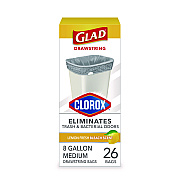 Glad Medium Drawstring Trash Bags with Clorox, 8 gal, Lemon Fresh Bleach Scent, 0.74 mil, 23" x 21.63", Gray, 26/Box (CLO79316)