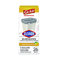 Glad Medium Drawstring Trash Bags with Clorox, 8 gal, Lemon Fresh Bleach Scent, 0.74 mil, 23" x 21.63", Gray, 26/Box (CLO79316)