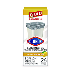 Glad Medium Drawstring Trash Bags with Clorox, 8 gal, Lemon Fresh Bleach Scent, 0.74 mil, 23" x 21.63", Gray, 26/Box (CLO79316)