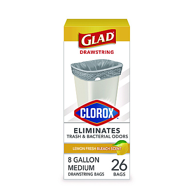 Glad Medium Drawstring Trash Bags with Clorox, 8 gal, Lemon Fresh Bleach Scent, 0.74 mil, 23" x 21.63", Gray, 26/Box (CLO79316)