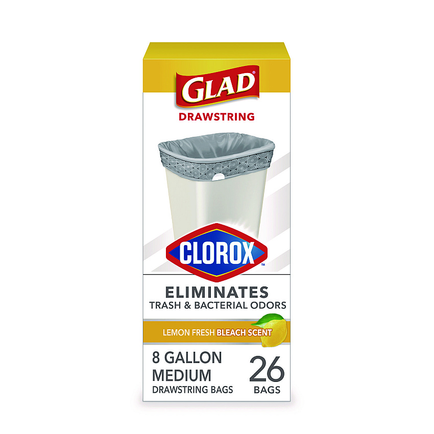 Glad Medium Drawstring Trash Bags with Clorox, 8 gal, Lemon Fresh Bleach Scent, 0.74 mil, 23" x 21.63", Gray, 26/Box (CLO79316)