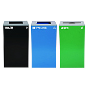 Alpine 29 Gallon Trash/Recycling Cans, Steel, Blue Recycling and Black Trash Cans w/Square Lid, Green Mixed Recycling Can Mixed Lid (ALH4450BLKKIT22)