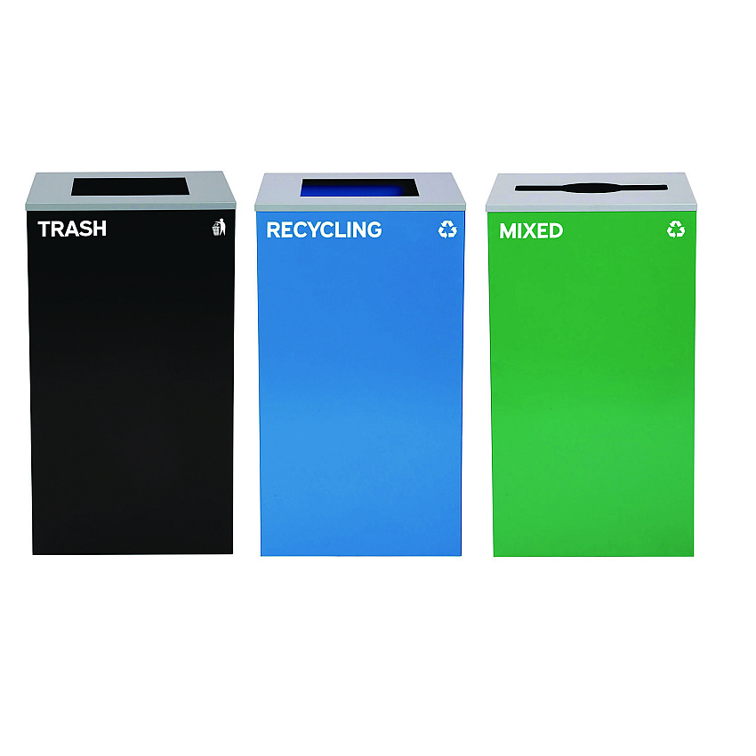 Alpine 29 Gallon Trash/Recycling Cans, Steel, Blue Recycling and Black Trash Cans w/Square Lid, Green Mixed Recycling Can Mixed Lid (ALH4450BLKKIT22)